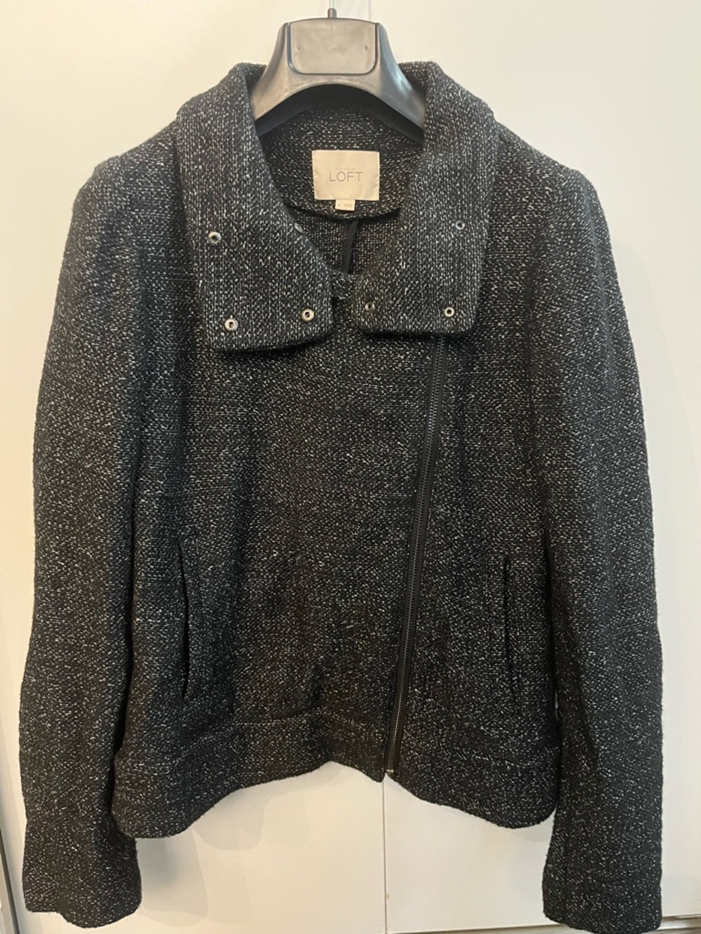 LOFT Women's Black Tweed Asymmetrical Zip Jacket, Size XS